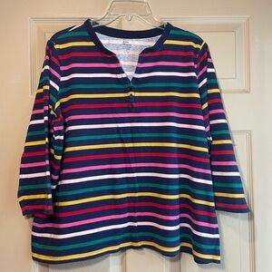 Kim Rogers Multicolor‎ Striped 3/4 Sleeve V-Neck Tee w/Button Detail, Size Large